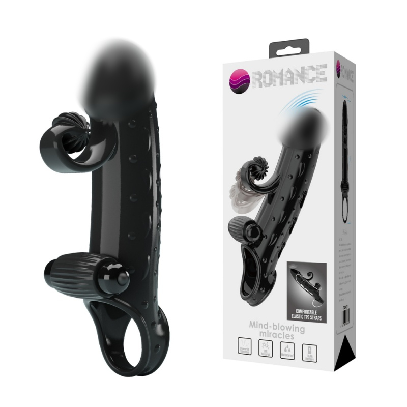 Насадка-удлинитель с вибрацией и клиторальным стимулятором "Romance" черная 